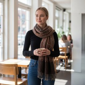   Elegancki szal damski męski 215x105 brązowy z autentycznym wzorem