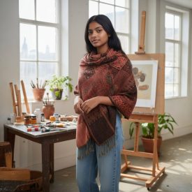   Chusta z orientalnym wzorem 215x105 fioletowo-brązowa bawełniana chusta