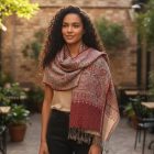 Szal szaro-bordowy 215x105 elegancki szal damski z bawełny