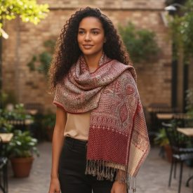 Szal szaro-bordowy 215x105 elegancki szal damski z bawełny