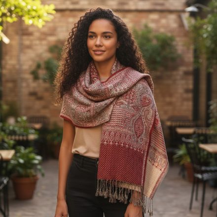 Szal szaro-bordowy 215x105 elegancki szal damski z bawełny