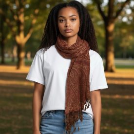   Elegancki damski szal 215x105 bordowo-beżowy z autentycznym wzorem