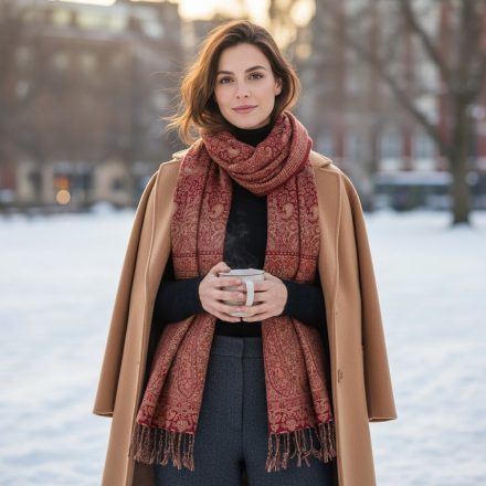 Elegancki szal damski 215x105 bordowo-beżowy z autentycznym wzorem