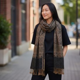 Duży szal 215x105 duży brązowo-niebieski damski szal