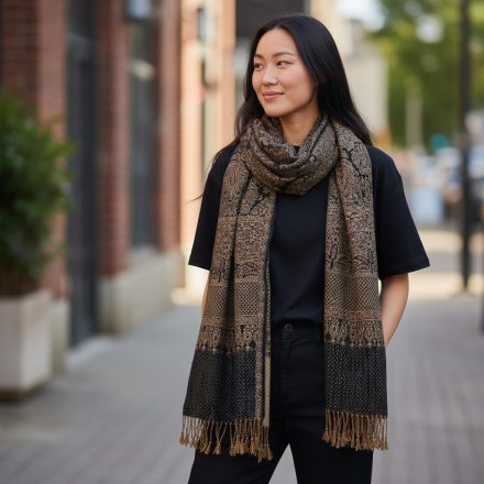 Duży szal 215x105 duży brązowo-niebieski damski szal