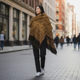 Elegancka chusta złoto-czarna 215x105 cienki szal damski