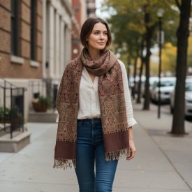   Szal damski orientalny wzór brązowy 215x105 chusta damska z bawełny